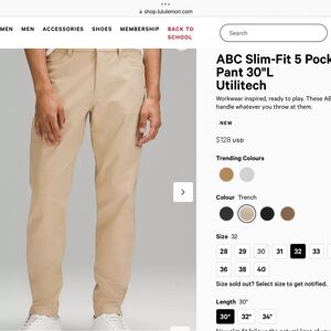Lululemon Men’s ABC slim fit 5 pocket pants. Waist 32”. Inseam 30”. Color-trench